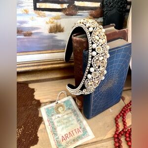 New! Aratta Silent Journey Faux Pearl Crown Velvet Statement Bling Headband